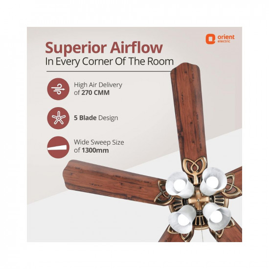 Orient Electric Subaris 1300mm Underlight Ceiling Fan With Light | 100% Copper Motor | High Air Speed and Delivery (Antique Copper, Pack of 1)
