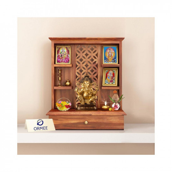 ORMEE Sheesham Wood Temple for Home | Solid Sheesham Pooja Mandir for Puja Room with 1 Drawer Storage & Shelf |Pooja Mandap Wood Religious Home Temple (Honey Finish)