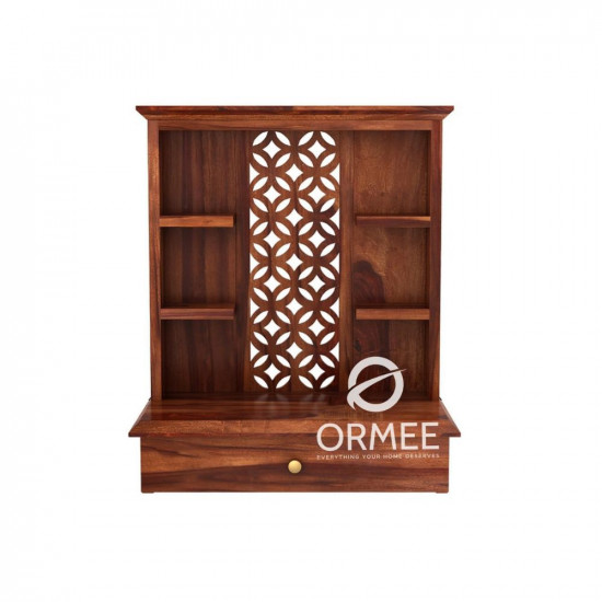 ORMEE Sheesham Wood Temple for Home | Solid Sheesham Pooja Mandir for Puja Room with 1 Drawer Storage & Shelf |Pooja Mandap Wood Religious Home Temple (Honey Finish)