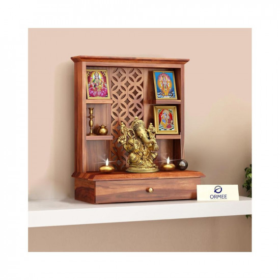 ORMEE Sheesham Wood Temple for Home | Solid Sheesham Pooja Mandir for Puja Room with 1 Drawer Storage & Shelf |Pooja Mandap Wood Religious Home Temple (Honey Finish)