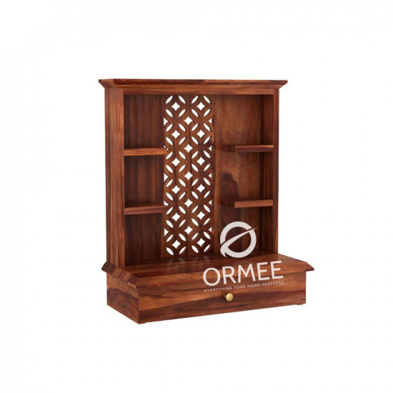 ORMEE Sheesham Wood Temple for Home | Solid Sheesham Pooja Mandir for Puja Room with 1 Drawer Storage & Shelf |Pooja Mandap Wood Religious Home Temple (Honey Finish)