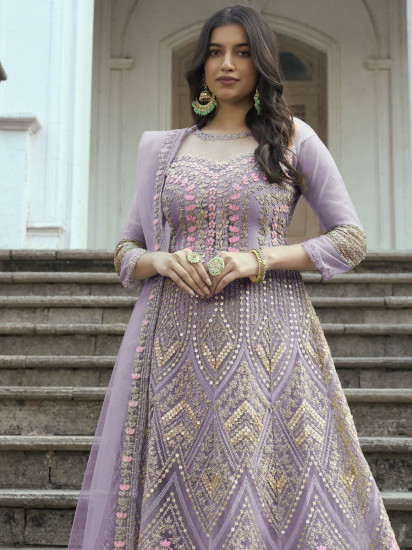 Overwhelming Lavender Zari Embroidered Net Festival Wear Salwar Kameez