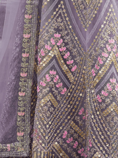 Overwhelming Lavender Zari Embroidered Net Festival Wear Salwar Kameez