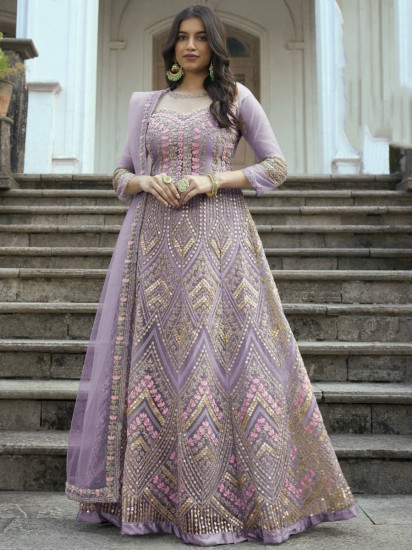 Overwhelming Lavender Zari Embroidered Net Festival Wear Salwar Kameez