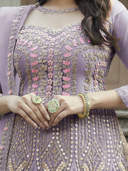 Overwhelming Lavender Zari Embroidered Net Festival Wear Salwar Kameez