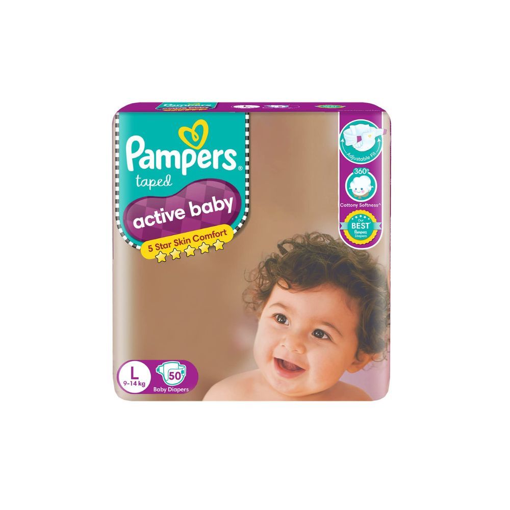 Pampers Active Baby Taped Diapers, Large size diapers, (LG) 50 count, taped style custom fit