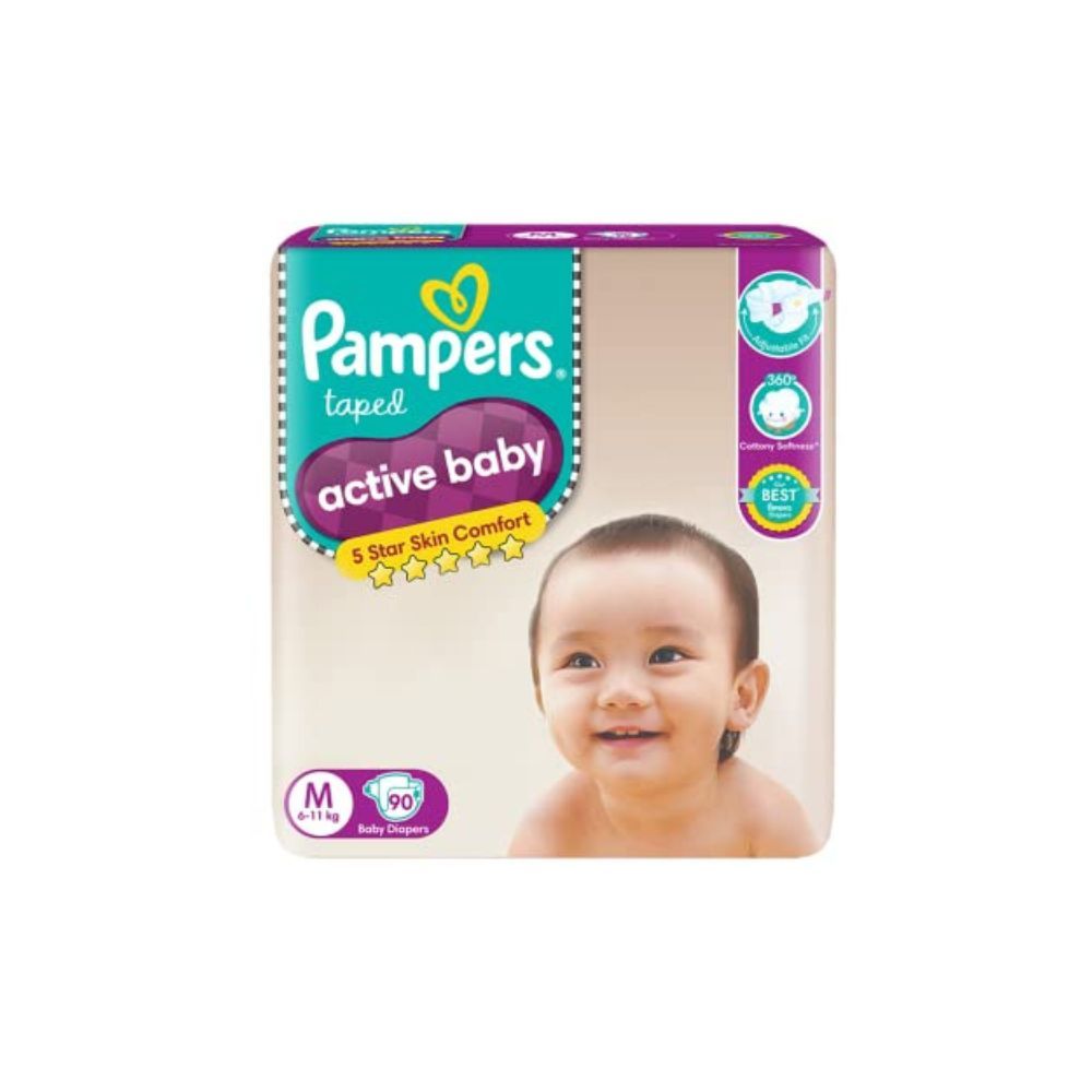 Pampers Active Baby Taped Diapers, Medium size diapers, (MD) 90 count, taped style custom fit