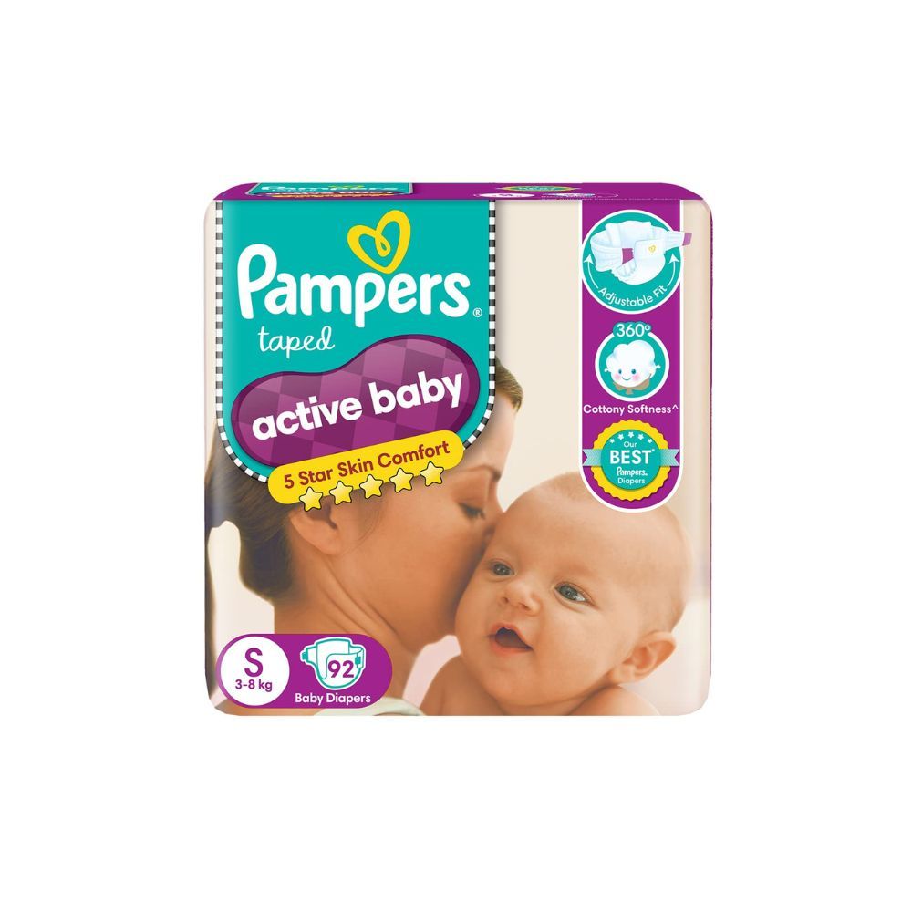 Pampers Active Baby Taped Diapers, Small size diapers, (SM) 92 count, taped style custom fit