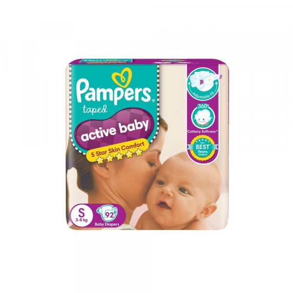Pampers Active Baby Taped Diapers, Small size diapers, (SM) 92 count, taped style custom fit