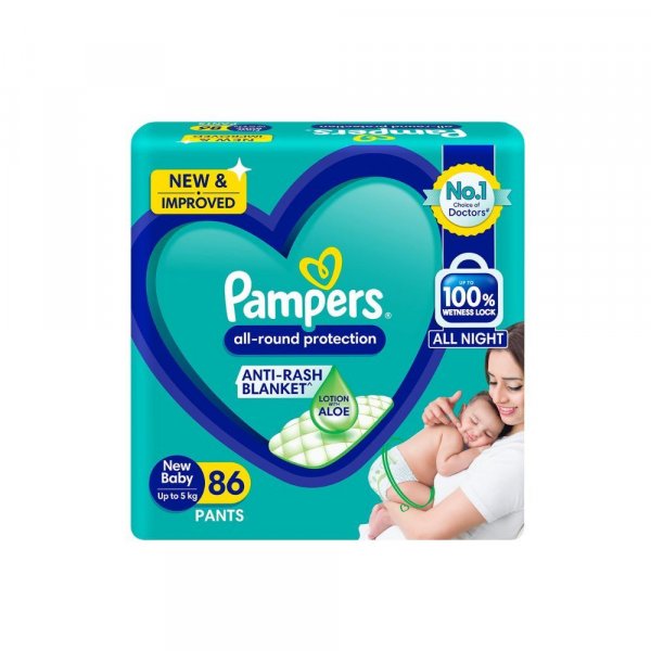 Pampers All round Protection Pants, New Born, Extra Small size baby diapers (NB,XS) 86 Count