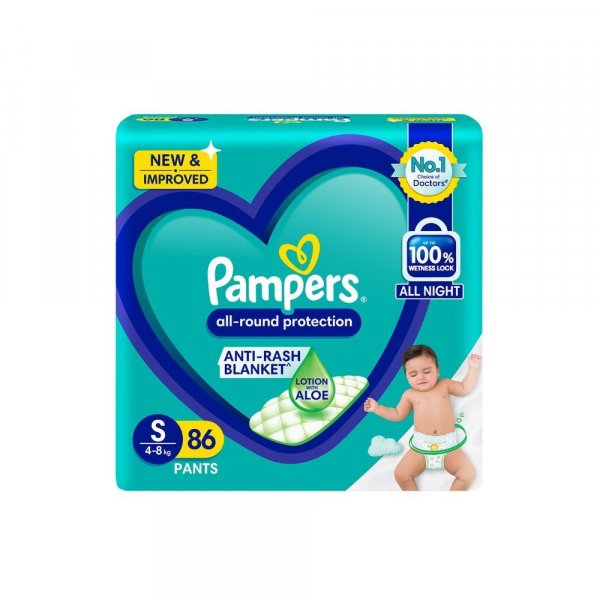 Pampers All round Protection Pants, Small size baby diapers (SM), 86 Count, Anti Rash diapers, Lotion with Aloe Vera