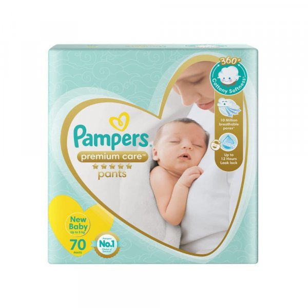 Pampers Premium Care Pants, New Born Extra Small size baby Diapers, (NB/XS) 70 count Softest ever Pampers