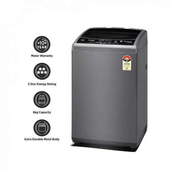 Panasonic 6 Kg 5 Star Fully-Automatic Top Load Washing Machine ( NA-F60LF1HRB, Grey, Durable Metal Body, 8 Wash Program