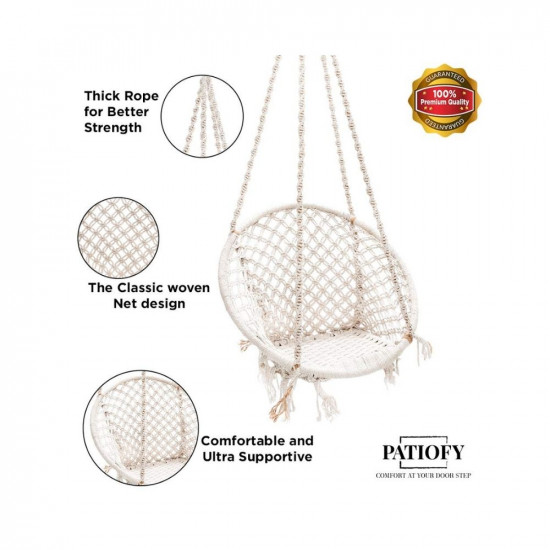 Patiofy Single Seater Home Swing For Adults & Kids |Suitable For Living Room/Balcony/Outdoor |Capacity Upto 120 Kgs|Includes Free Hanging Accessories |Handmade Jhula With Premium White Cotton Rope.