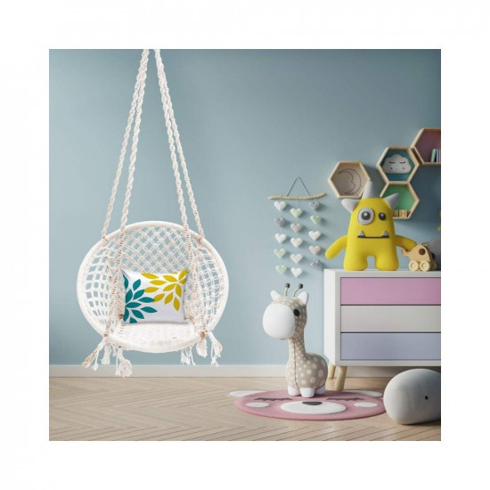 Patiofy Single Seater Home Swing For Adults & Kids |Suitable For Living Room/Balcony/Outdoor |Capacity Upto 120 Kgs|Includes Free Hanging Accessories |Handmade Jhula With Premium White Cotton Rope.