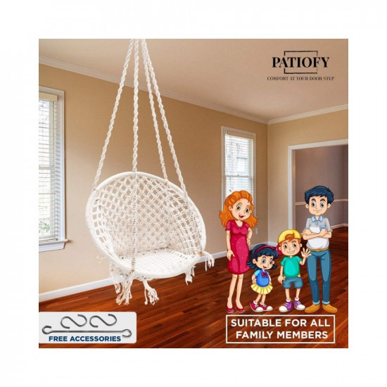 Patiofy Single Seater Home Swing For Adults & Kids |Suitable For Living Room/Balcony/Outdoor |Capacity Upto 120 Kgs|Includes Free Hanging Accessories |Handmade Jhula With Premium White Cotton Rope.