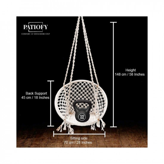 Patiofy Single Seater Home Swing For Adults & Kids |Suitable For Living Room/Balcony/Outdoor |Capacity Upto 120 Kgs|Includes Free Hanging Accessories |Handmade Jhula With Premium White Cotton Rope.