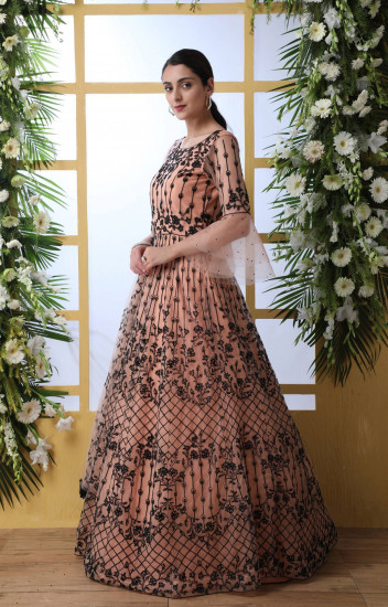 Peach Embroidered Net Party Wear Gown With Dupatta