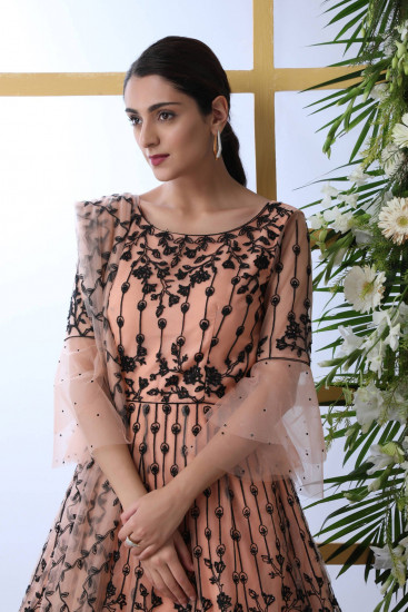 Peach Embroidered Net Party Wear Gown With Dupatta