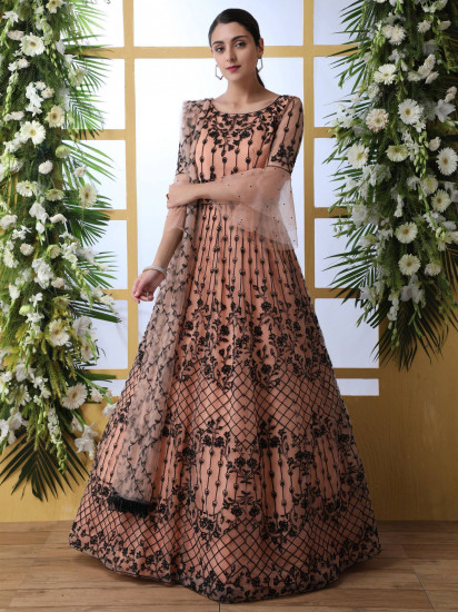 Peach Embroidered Net Party Wear Gown With Dupatta