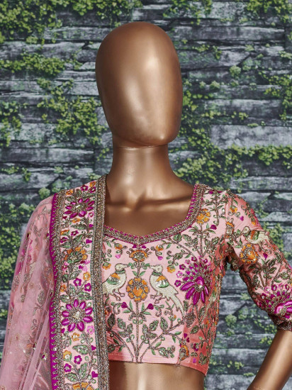 Peach Embroidered Taffeta Silk Bridal Wear Lehenga Choli