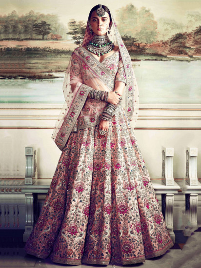 Peach Embroidered Taffeta Silk Bridal Wear Lehenga Choli
