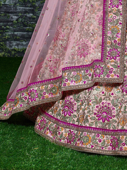 Peach Embroidered Taffeta Silk Bridal Wear Lehenga Choli