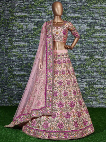 Peach Embroidered Taffeta Silk Bridal Wear Lehenga Choli