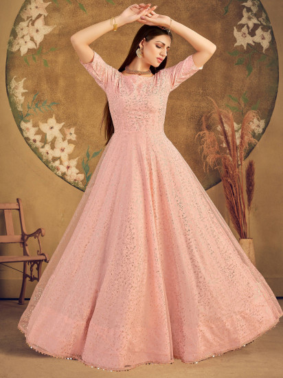 Peach Metallic Foil Work Net Party Wear Gown