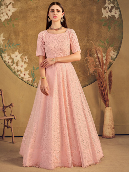 Peach Metallic Foil Work Net Party Wear Gown