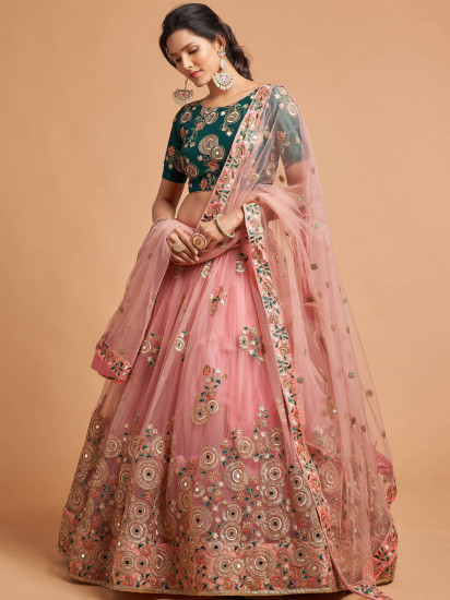 Peach Thread Embroidered Net Party Wear Lehenga Choli