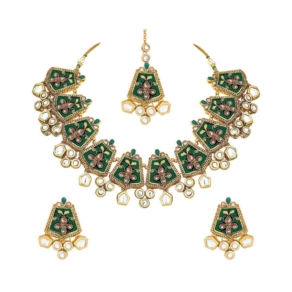 Peora 18K Gold Plated Meena Work Indian Traditinal Ethnic Necklace Earring Maang Tikka Jewellery Set for Women