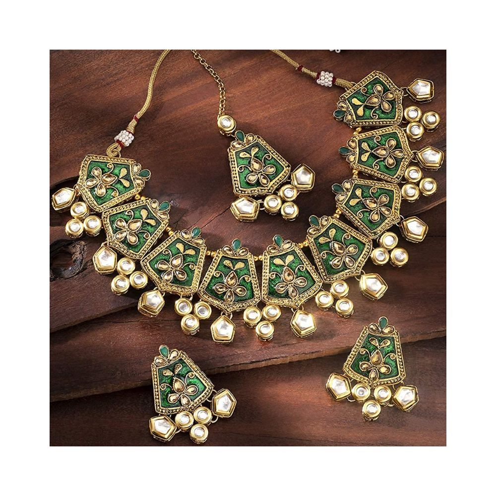 Peora 18K Gold Plated Meena Work Indian Traditinal Ethnic Necklace Earring Maang Tikka Jewellery Set for Women