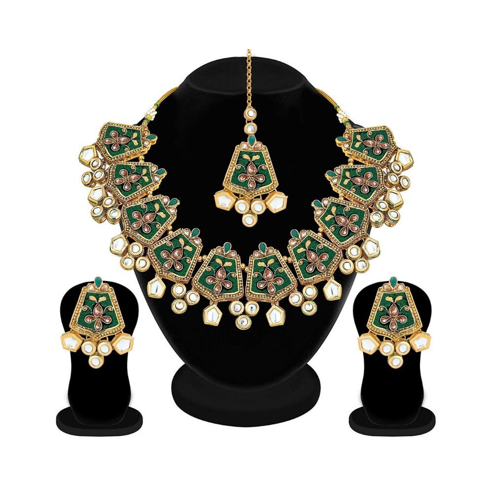 Peora 18K Gold Plated Meena Work Indian Traditinal Ethnic Necklace Earring Maang Tikka Jewellery Set for Women