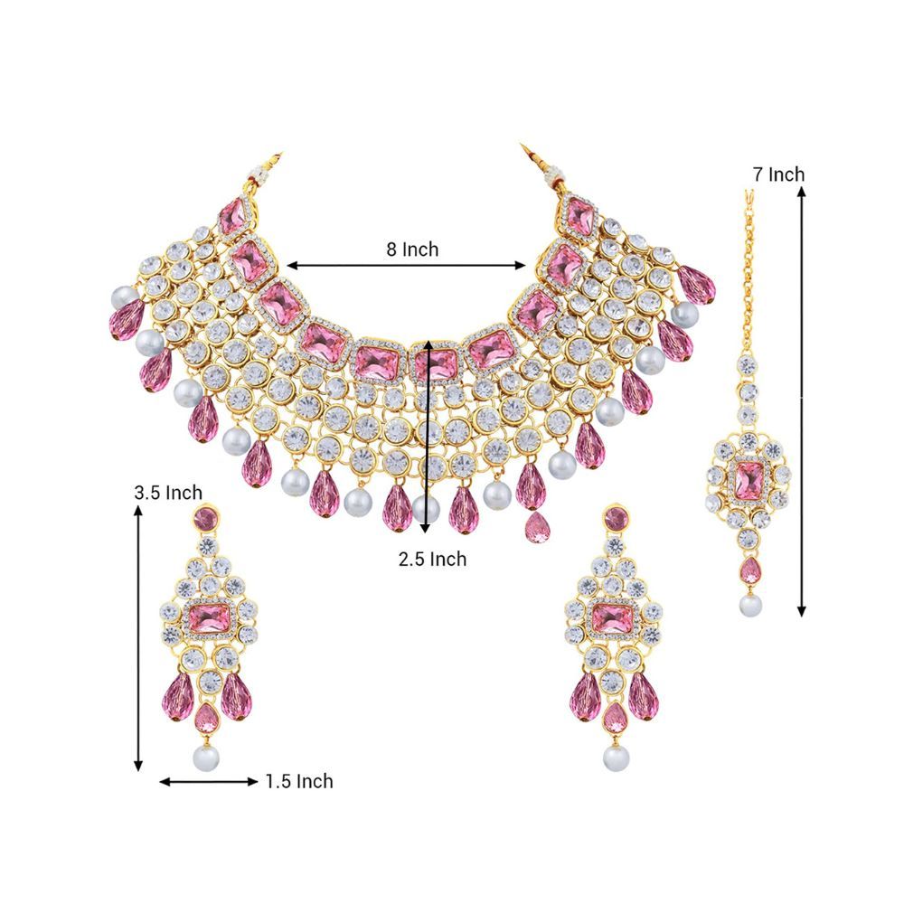 Peora Crystal Choker Necklace with Maang Tikka Earrings Indian Traditional Bridal Wedding Jewellery Set for Women
