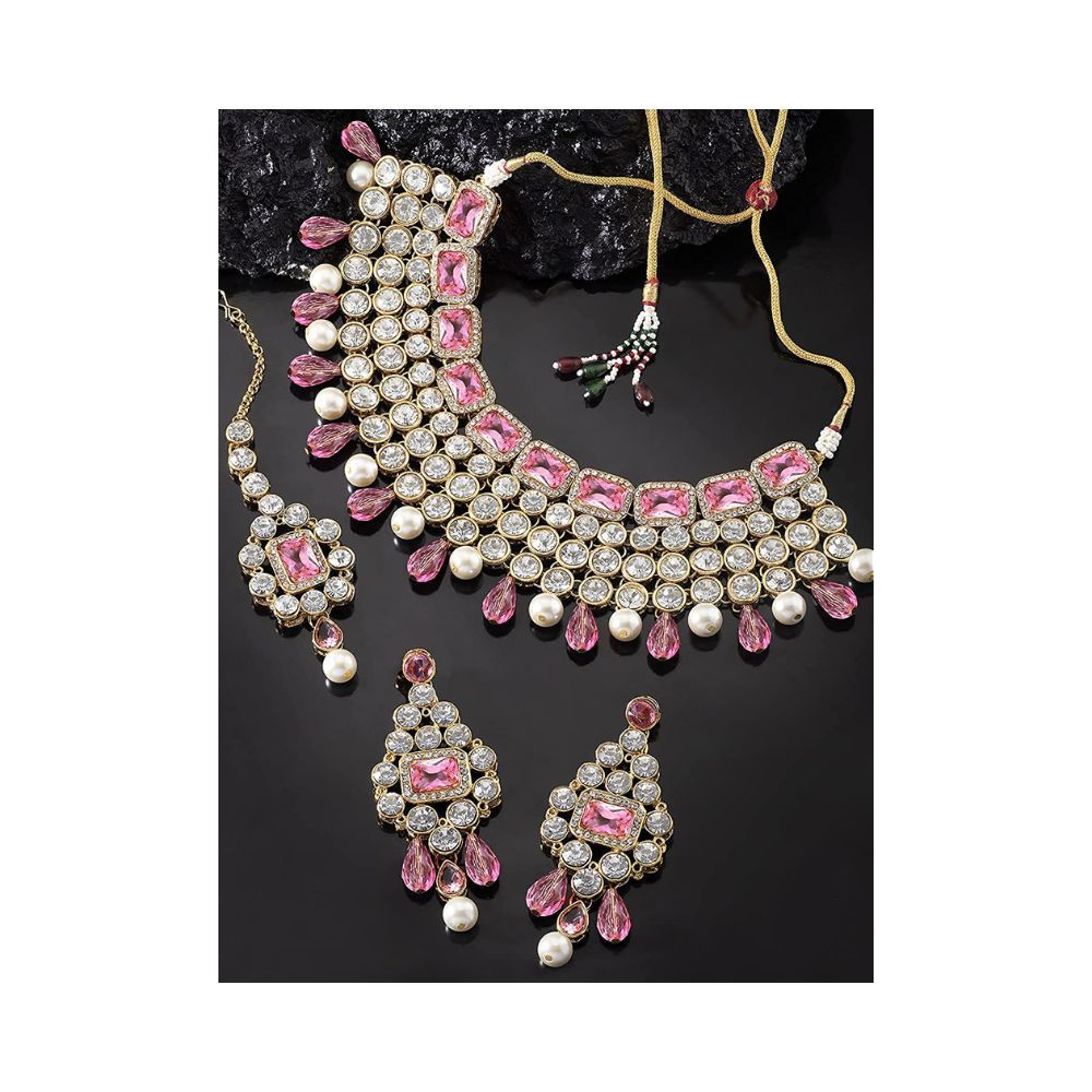 Peora Crystal Choker Necklace with Maang Tikka Earrings Indian Traditional Bridal Wedding Jewellery Set for Women