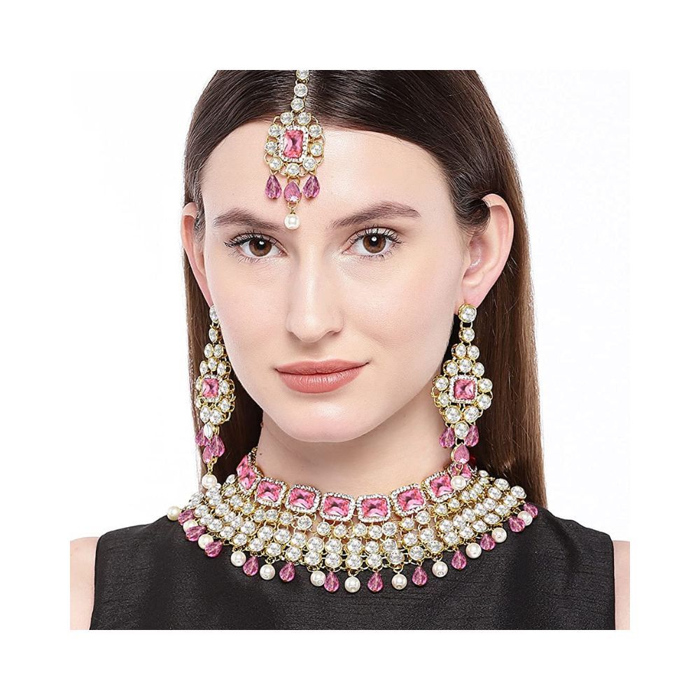 Peora Crystal Choker Necklace with Maang Tikka Earrings Indian Traditional Bridal Wedding Jewellery Set for Women