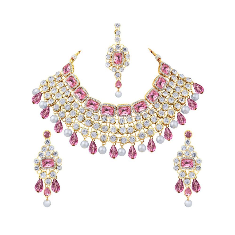 Peora Crystal Choker Necklace with Maang Tikka Earrings Indian Traditional Bridal Wedding Jewellery Set for Women