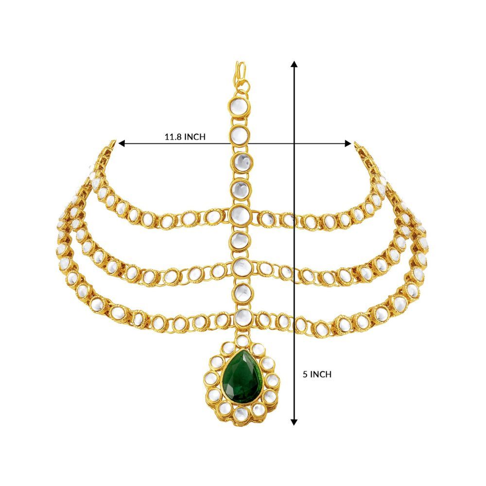 Peora Gold Plated 3 Layer Traditional Crystal White Kundan Matha Patti/Maang Tikka for Women