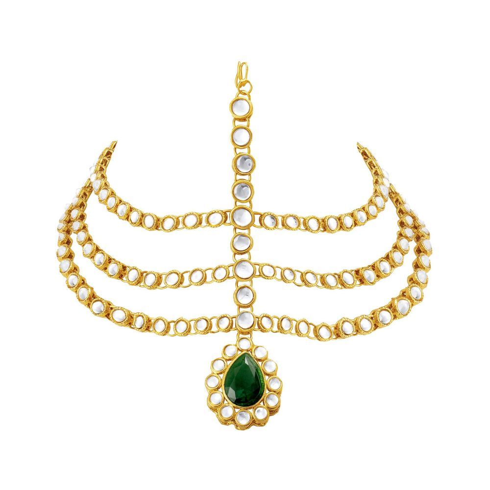 Peora Gold Plated 3 Layer Traditional Crystal White Kundan Matha Patti/Maang Tikka for Women