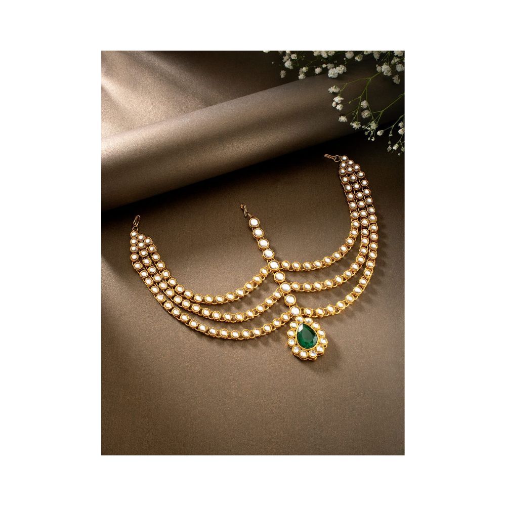 Peora Gold Plated 3 Layer Traditional Crystal White Kundan Matha Patti/Maang Tikka for Women
