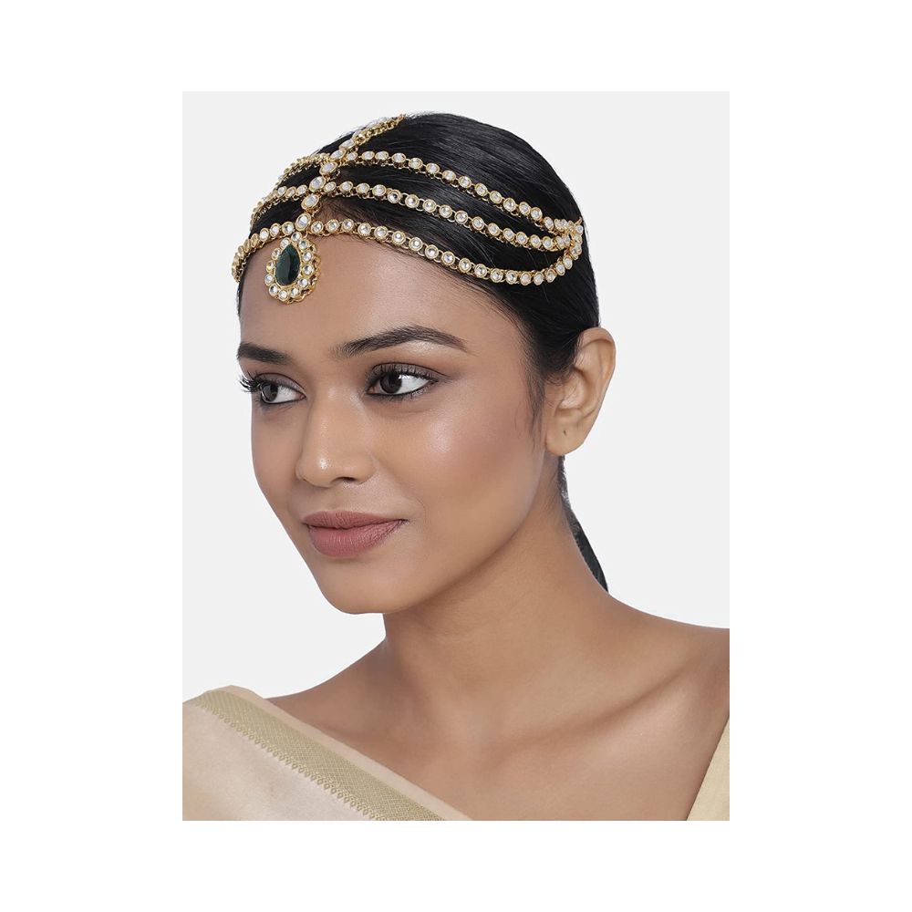 Peora Gold Plated 3 Layer Traditional Crystal White Kundan Matha Patti/Maang Tikka for Women