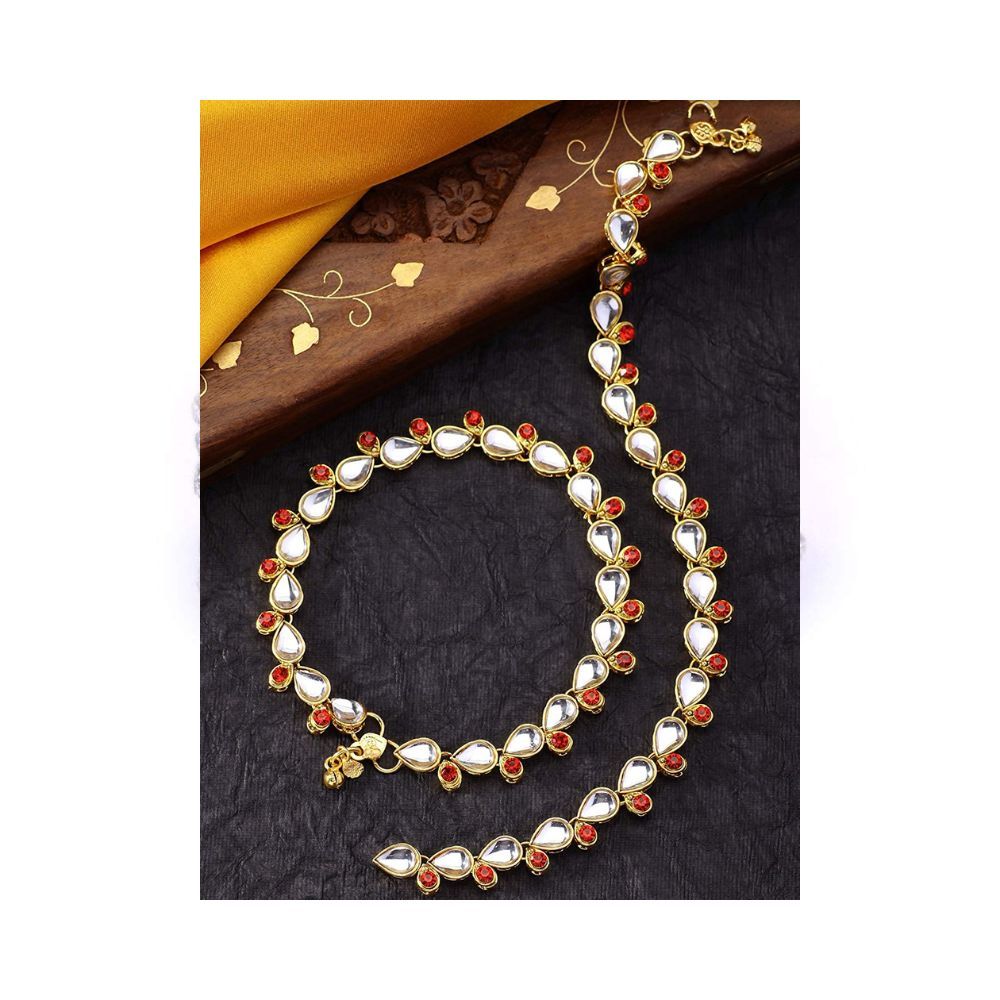 Peora Gold Plated Brass & Kundan Payal Anklet for Women & Girls (Red)