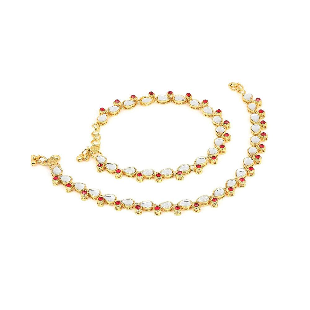 Peora Gold Plated Brass & Kundan Payal Anklet for Women & Girls (Red)