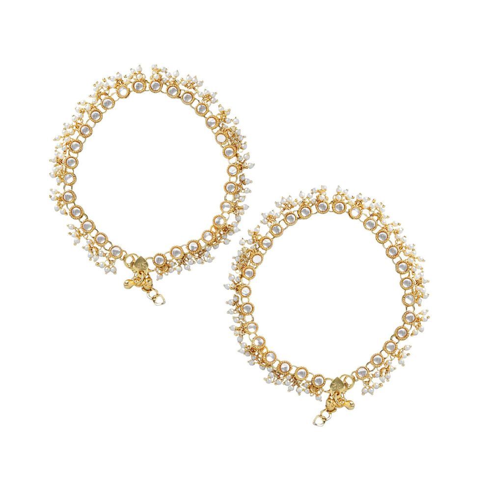 Peora Gold Plated Bridal Kundan Pearl Anklet Payal Traditional Jewellery for Women (1 Pair)