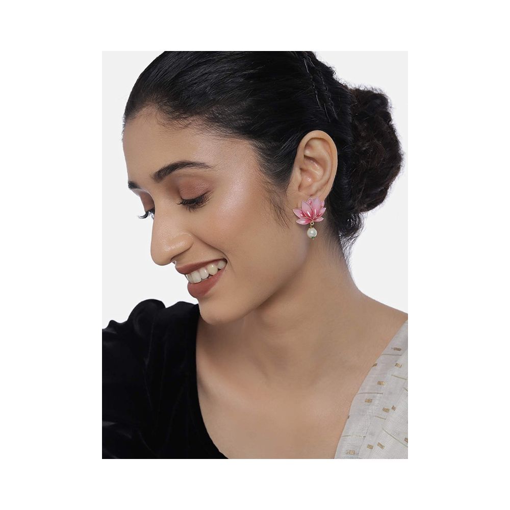 Peora Gold Plated Enamel Pearl Lotus Drop Earrings for Women Traditional Jewellery for Women