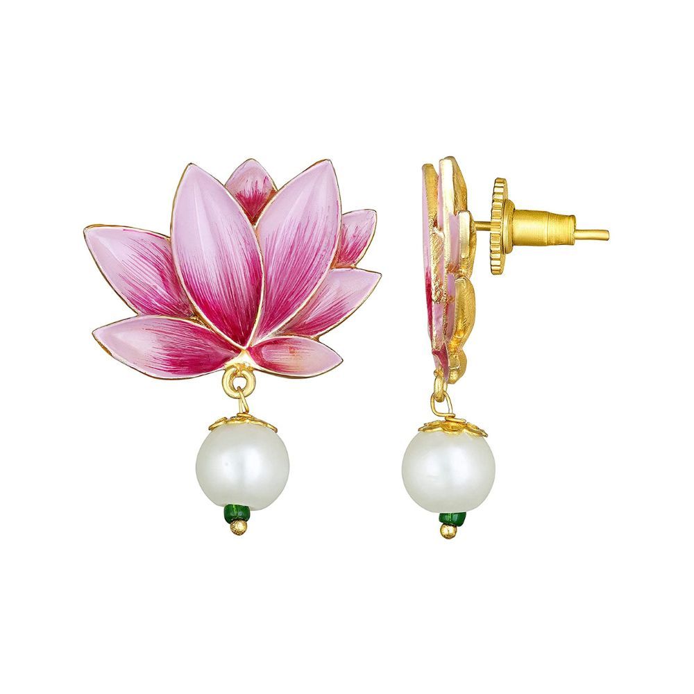 Peora Gold Plated Enamel Pearl Lotus Drop Earrings for Women Traditional Jewellery for Women