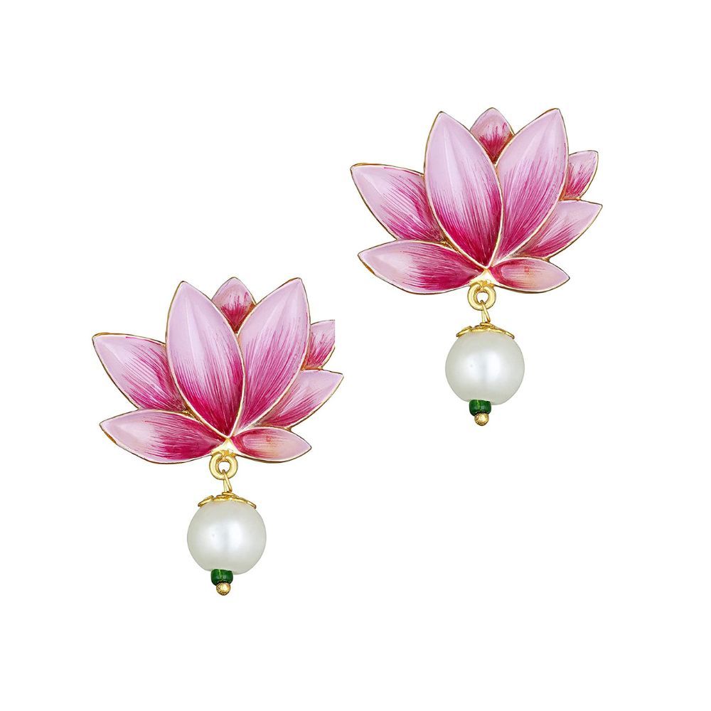Peora Gold Plated Enamel Pearl Lotus Drop Earrings for Women Traditional Jewellery for Women