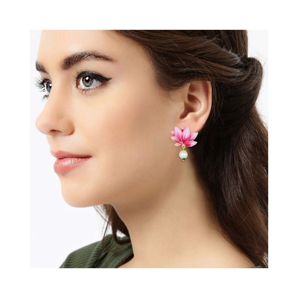 Peora Gold Plated Enamel Pearl Lotus Drop Earrings for Women Traditional Jewellery for Women