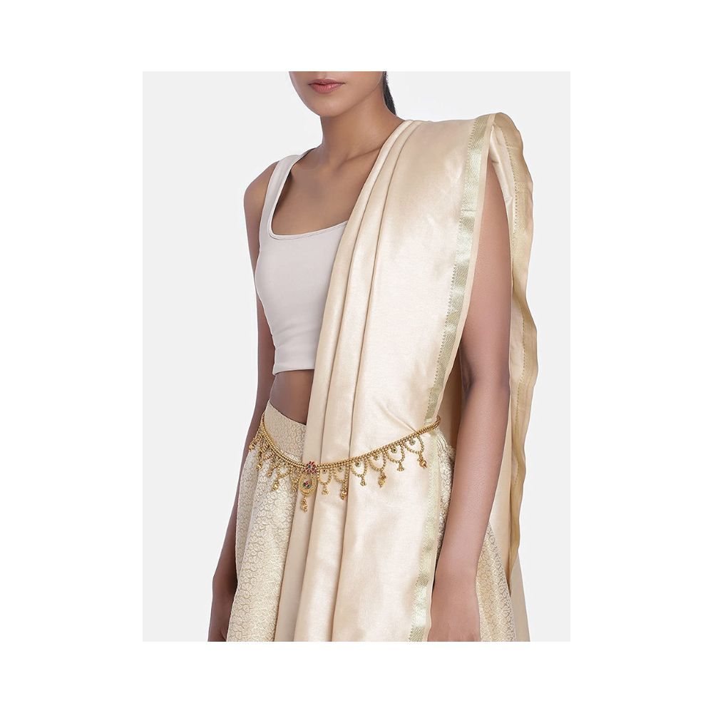 Peora Gold Plated Kundan Pearl Kamar Band Kamar Patta Belly Waist Chain Women